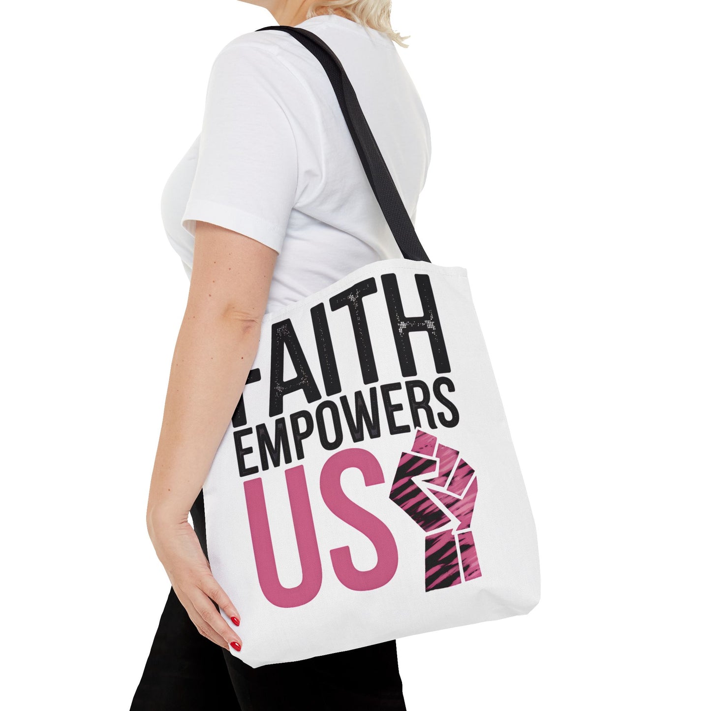 FAITH EMPOWERS US – Empowerment Tote Bag | Bold Christian Statement Bag | Feminine Faith Gift