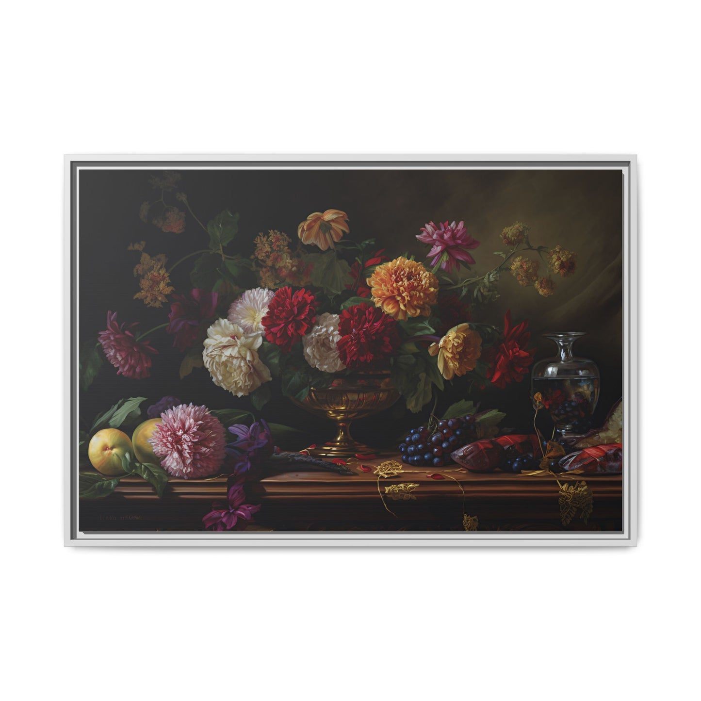 Framed Canvas Art, Classic Floral Still-Life Painting in Burgundy, Gold, Green. Timeless, Elegant Wall Decor. Fine Art Prints, Home Decor,
