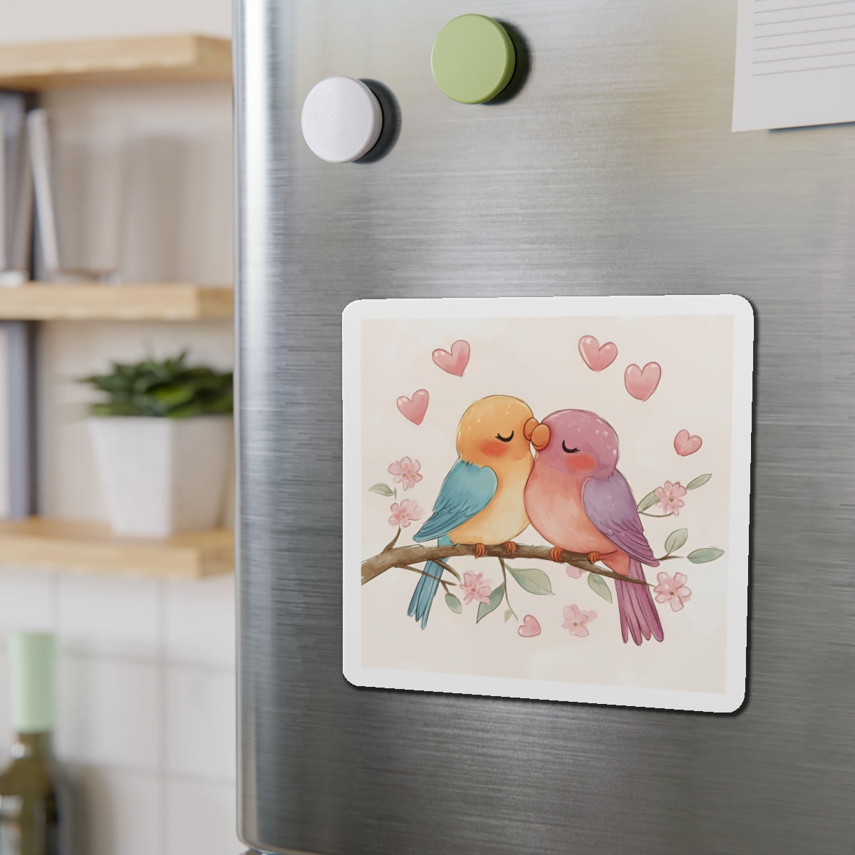 Lovebirds Die-Cut Magnet, Colorful Lovebirds Sitting on Flowering Branch, Outdoor Use, 6x6 and 5x5, Fridge Magnet, Cute Birds Magnet, Heart