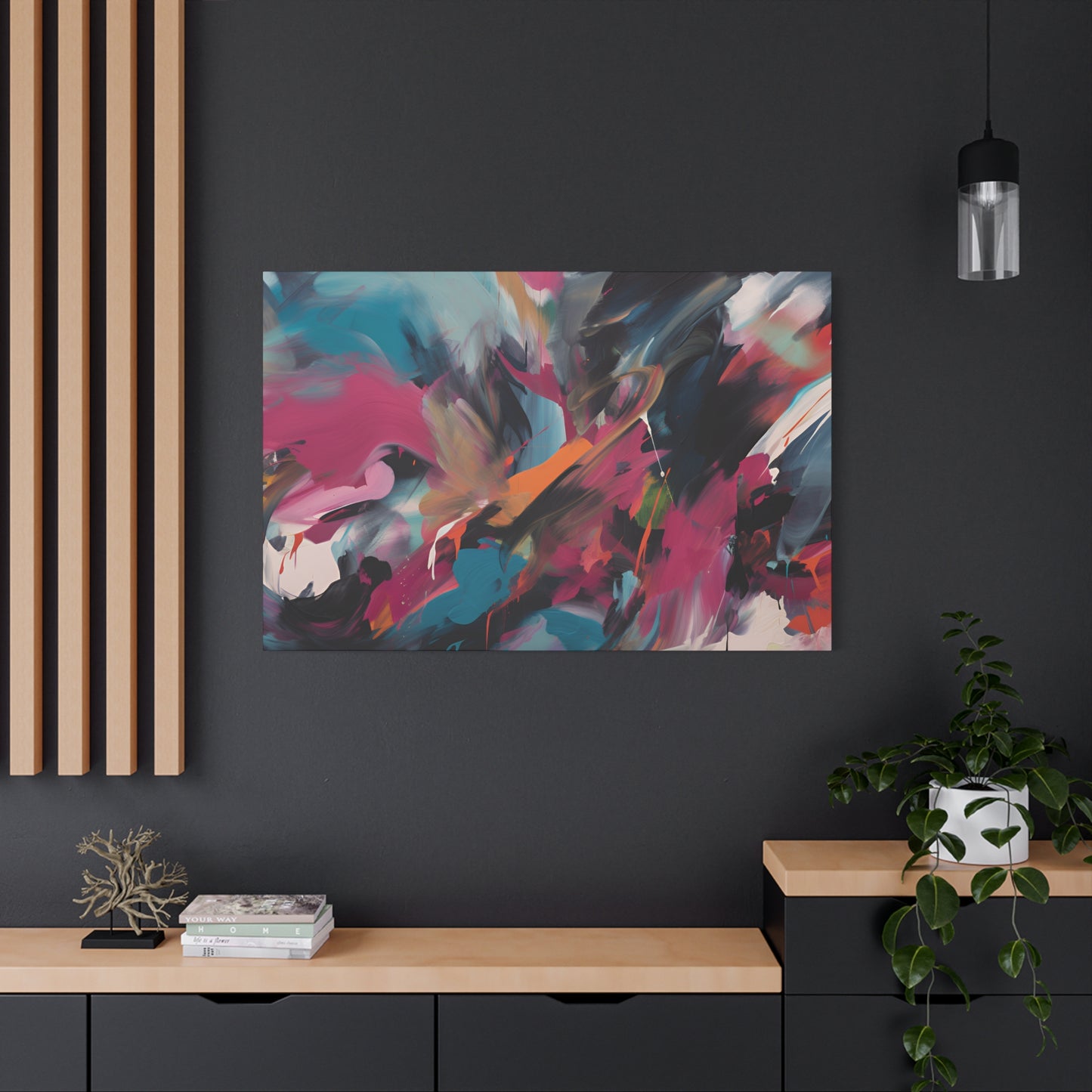 Canvas Art Print, Abstract Painting, Large Wall Art, Contemporary Home Decor, Office Decor, Fuchsia Teal Black Artwork, Trendy Wall Hanging