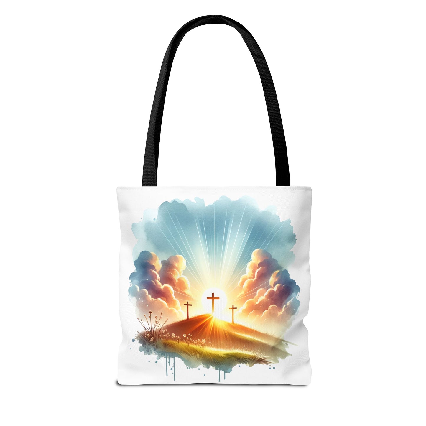 Religious Tote Bag – Three Crosses at Sunrise | Christian Easter Gift, Faith-Based Carryall, Inspirational Church Accessory