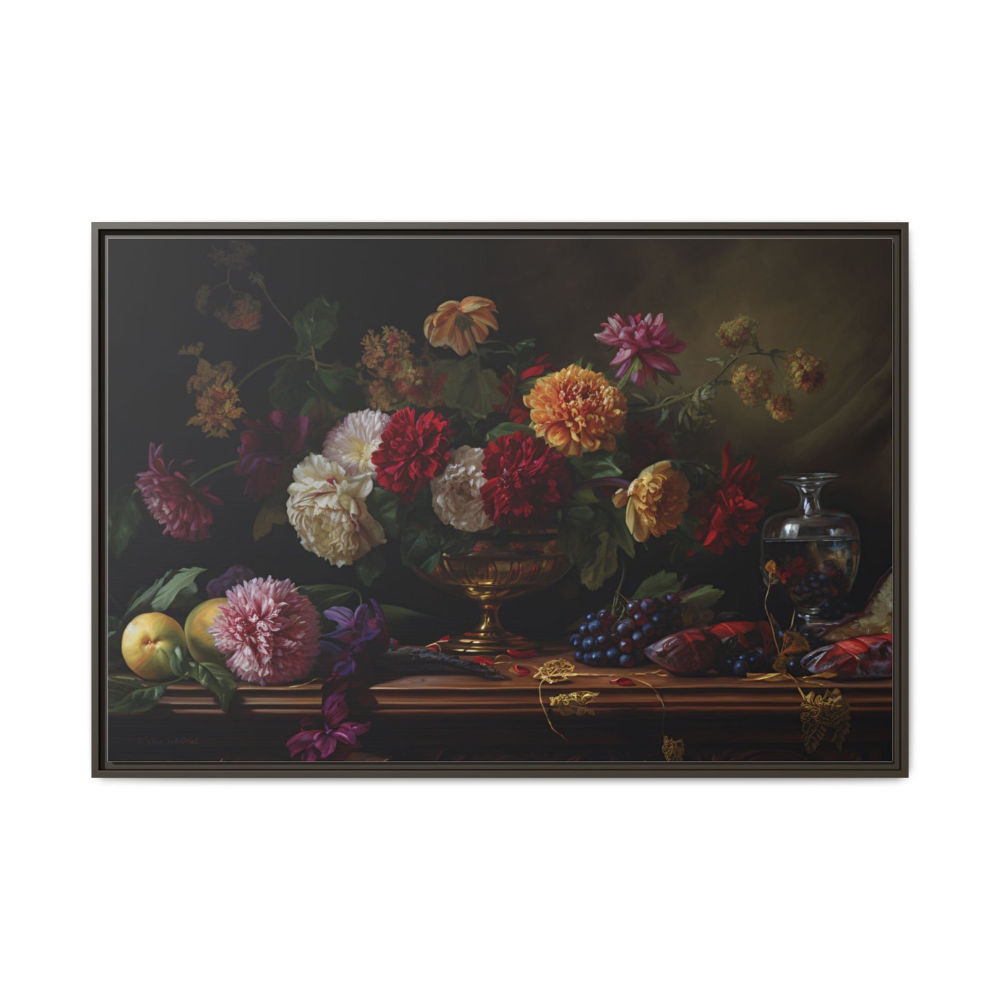 Framed Canvas Art, Classic Floral Still-Life Painting in Burgundy, Gold, Green. Timeless, Elegant Wall Decor. Fine Art Prints, Home Decor,