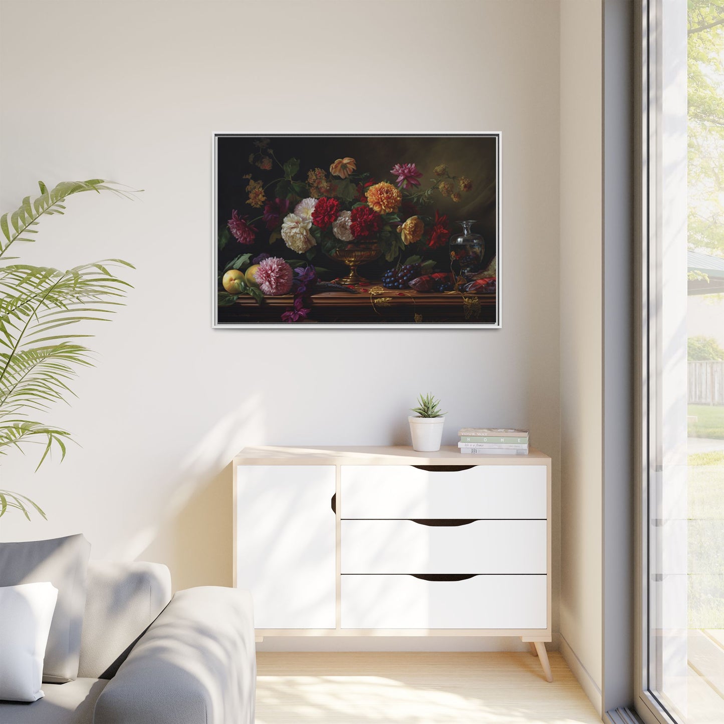 Framed Canvas Art, Classic Floral Still-Life Painting in Burgundy, Gold, Green. Timeless, Elegant Wall Decor. Fine Art Prints, Home Decor,