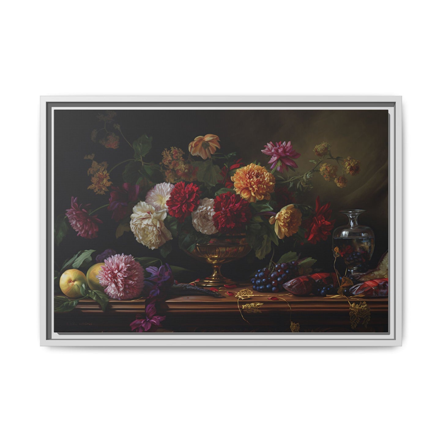 Framed Canvas Art, Classic Floral Still-Life Painting in Burgundy, Gold, Green. Timeless, Elegant Wall Decor. Fine Art Prints, Home Decor,