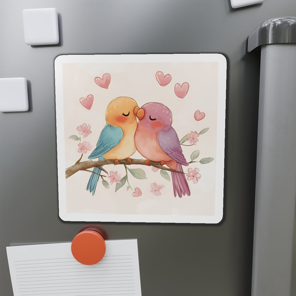 Lovebirds Die-Cut Magnet, Colorful Lovebirds Sitting on Flowering Branch, Outdoor Use, 6x6 and 5x5, Fridge Magnet, Cute Birds Magnet, Heart