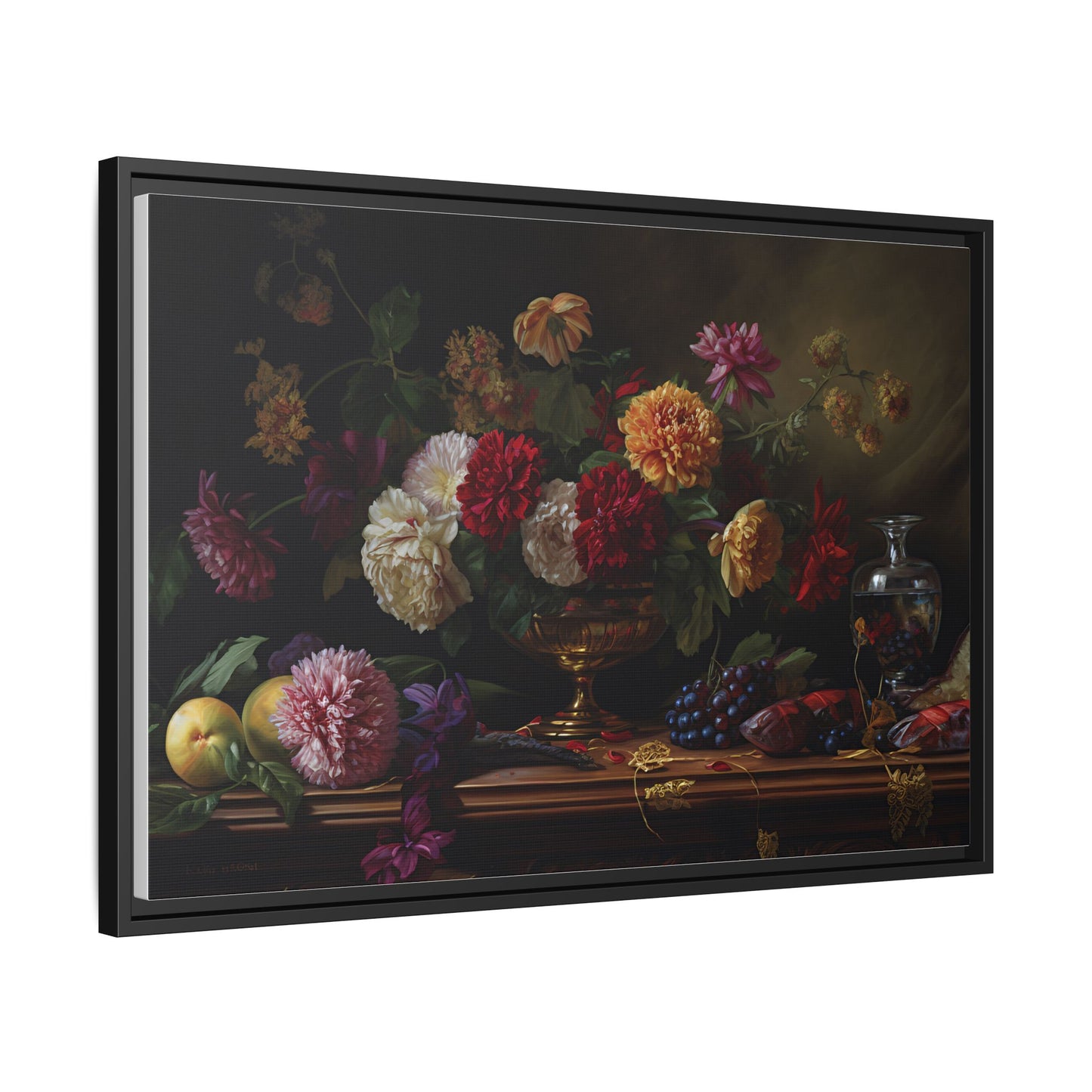 Framed Canvas Art, Classic Floral Still-Life Painting in Burgundy, Gold, Green. Timeless, Elegant Wall Decor. Fine Art Prints, Home Decor,
