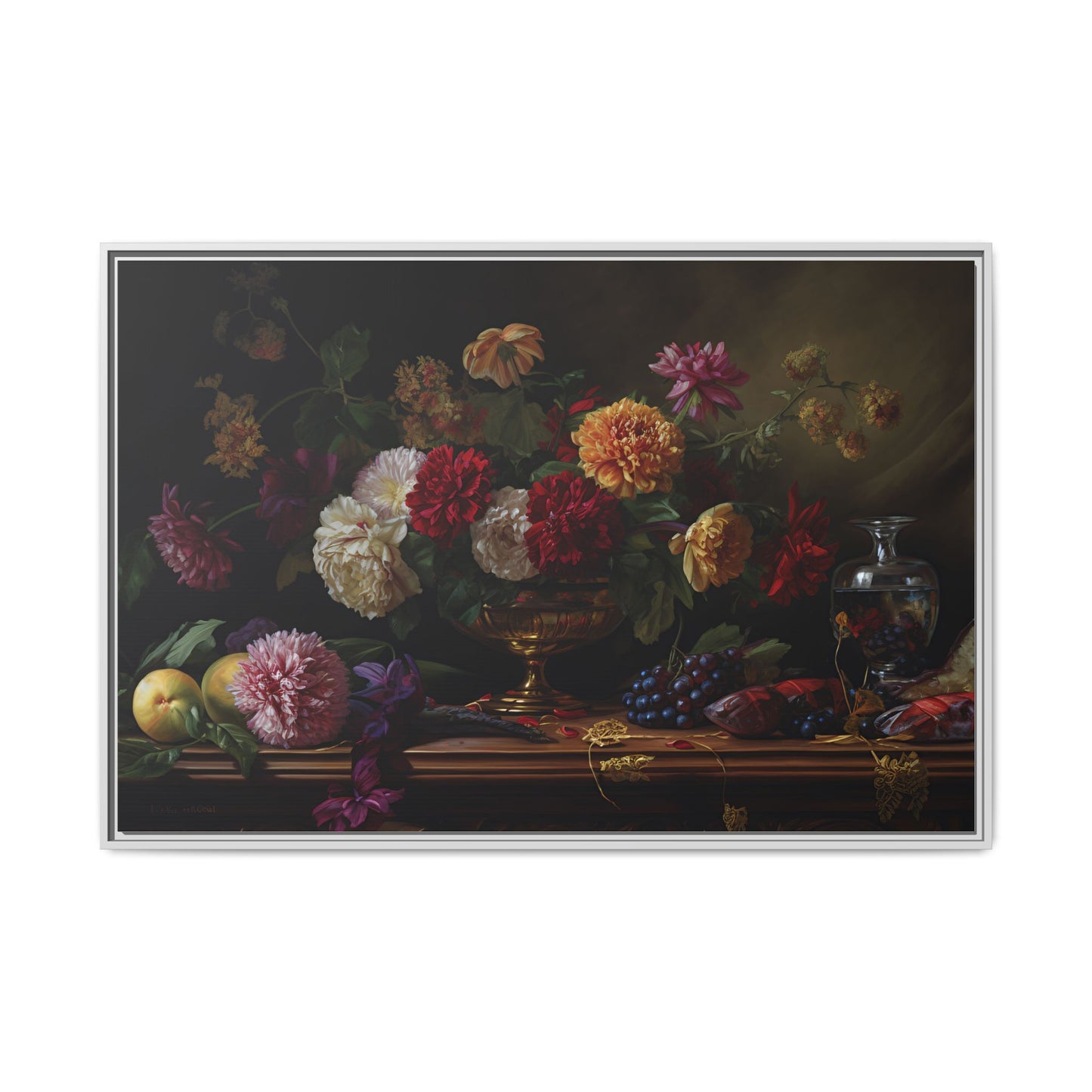 Framed Canvas Art, Classic Floral Still-Life Painting in Burgundy, Gold, Green. Timeless, Elegant Wall Decor. Fine Art Prints, Home Decor,