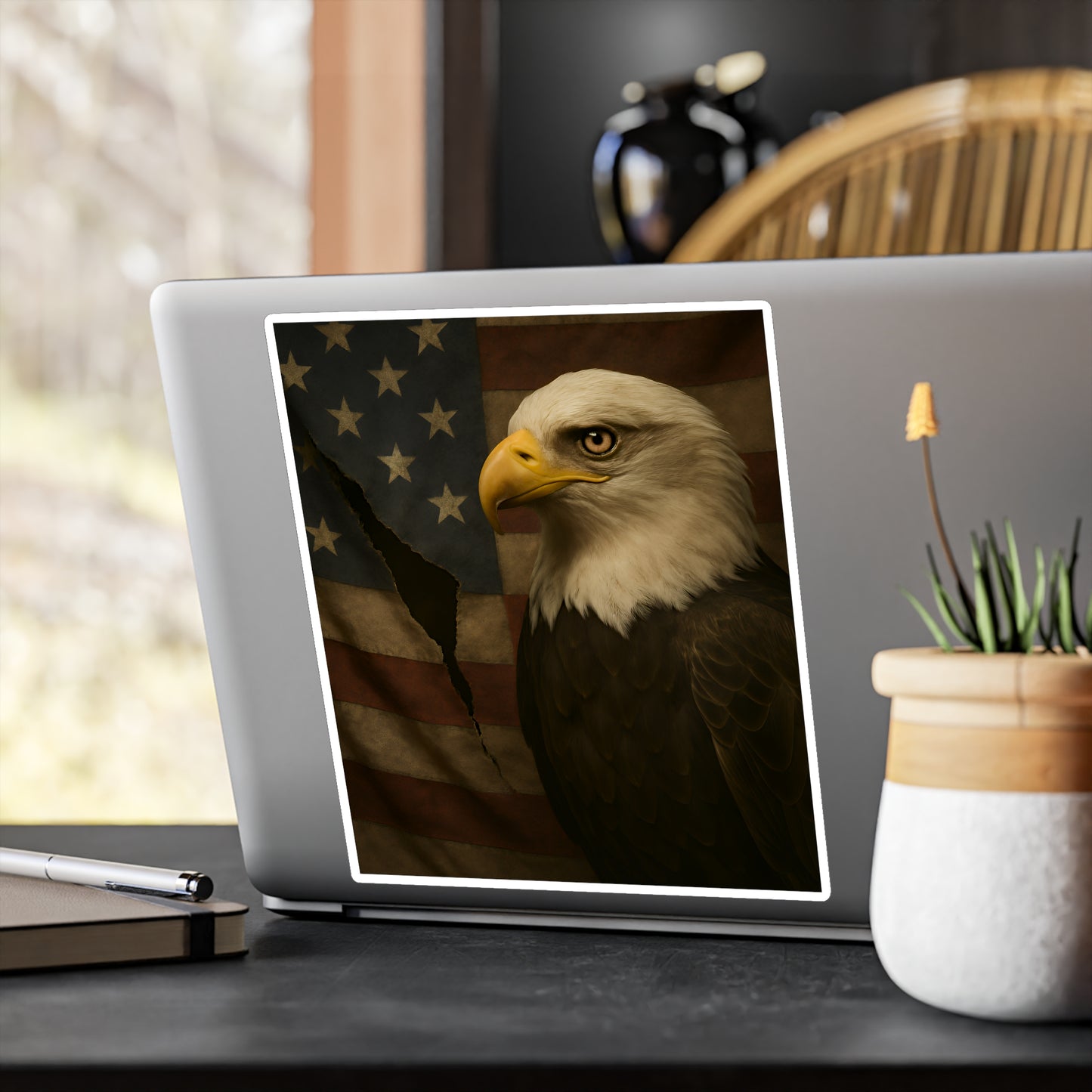 Patriotic Bald Eagle Vinyl Decal – Torn American Flag with Symbolic Eagle Eye Detail