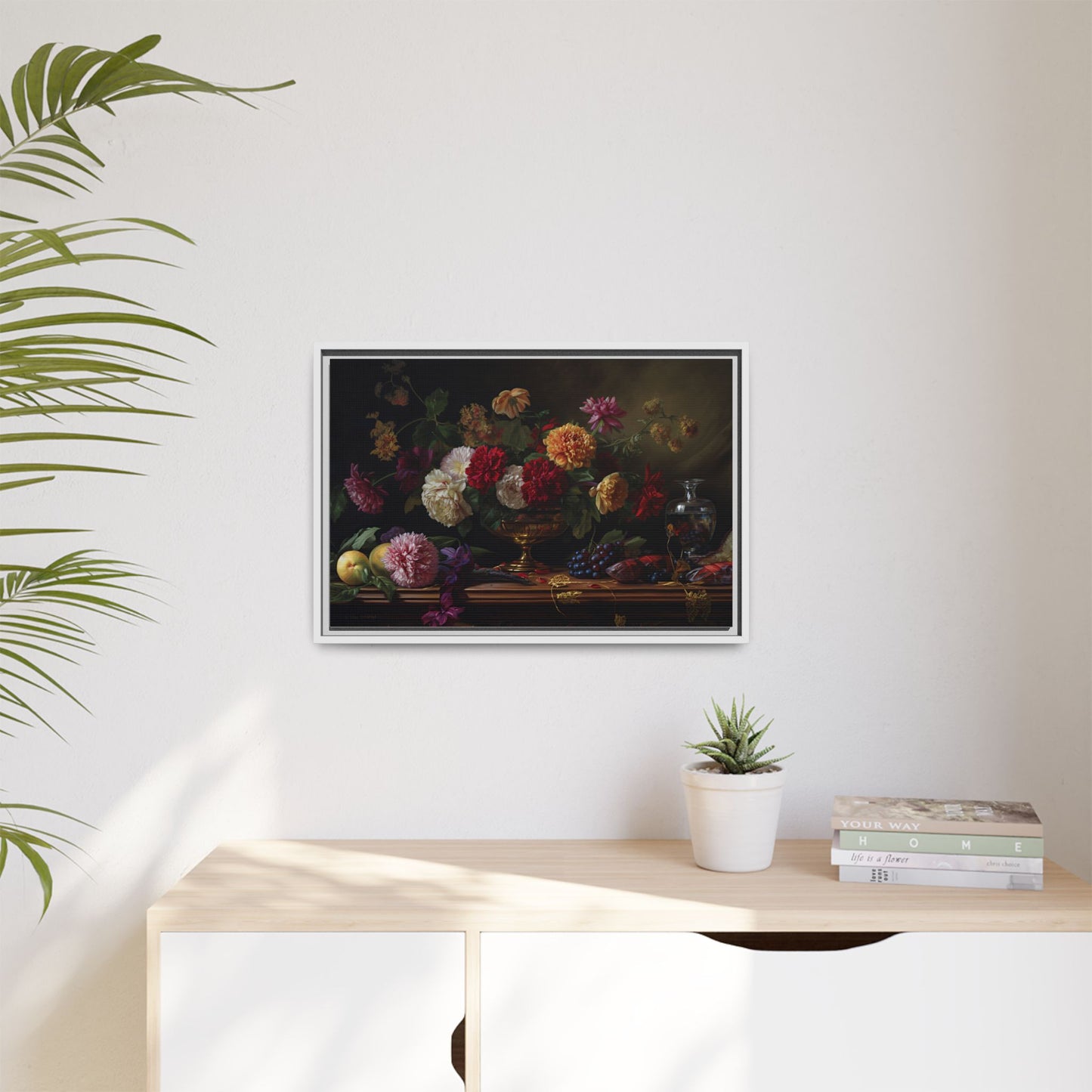 Framed Canvas Art, Classic Floral Still-Life Painting in Burgundy, Gold, Green. Timeless, Elegant Wall Decor. Fine Art Prints, Home Decor,