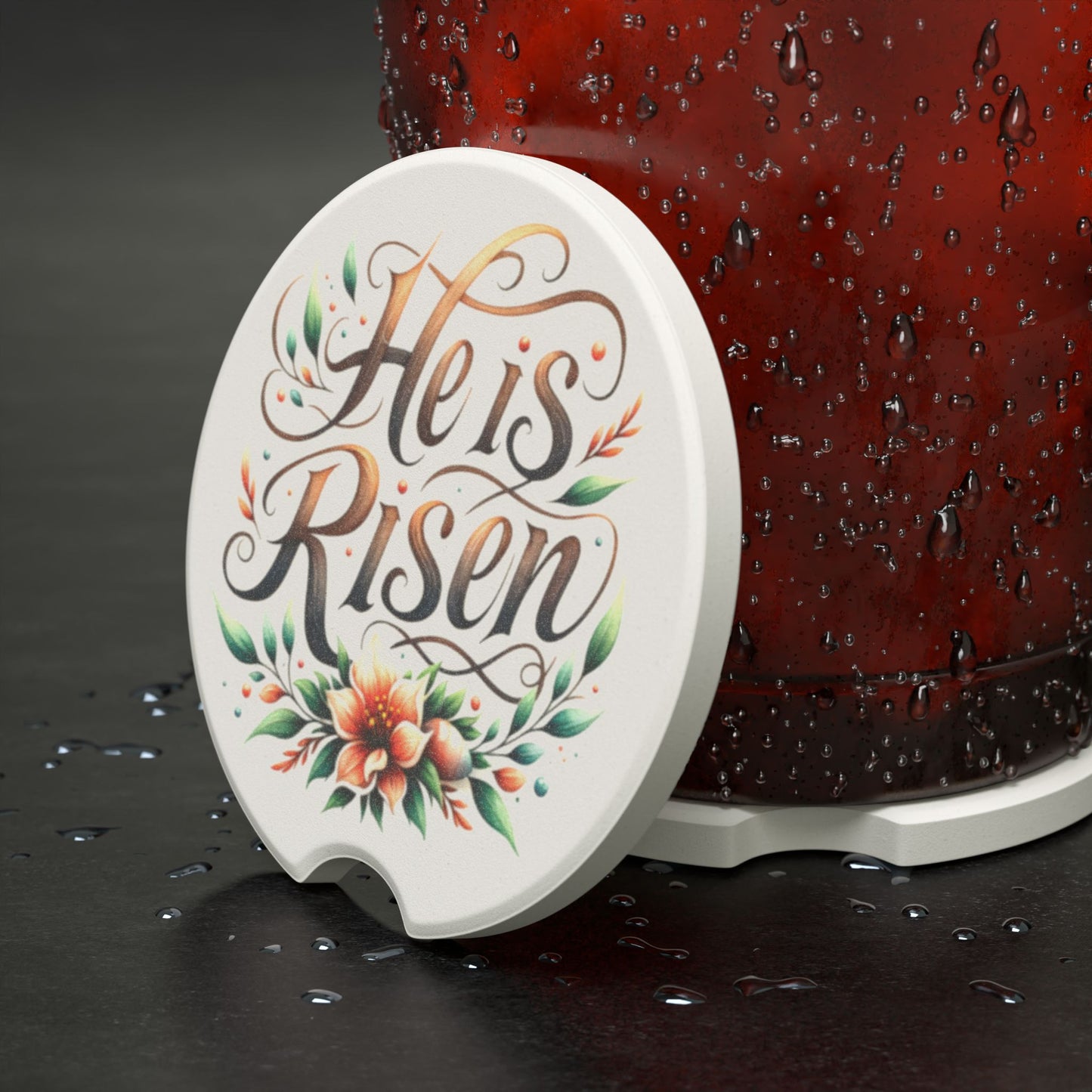 Soapstone Car Coaster - "He is Risen" Floral Design, Christian Decor, Car Accessories, Gift for Easter, Home & Auto Decor