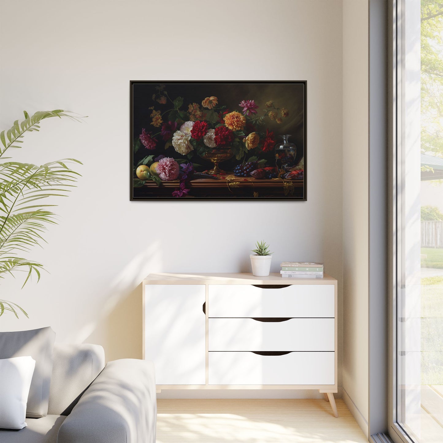 Framed Canvas Art, Classic Floral Still-Life Painting in Burgundy, Gold, Green. Timeless, Elegant Wall Decor. Fine Art Prints, Home Decor,
