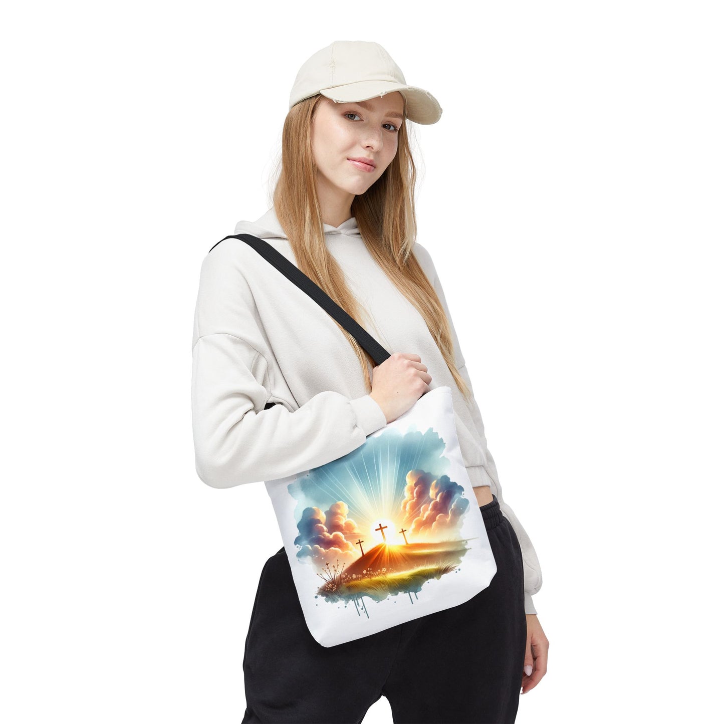 Religious Tote Bag – Three Crosses at Sunrise | Christian Easter Gift, Faith-Based Carryall, Inspirational Church Accessory