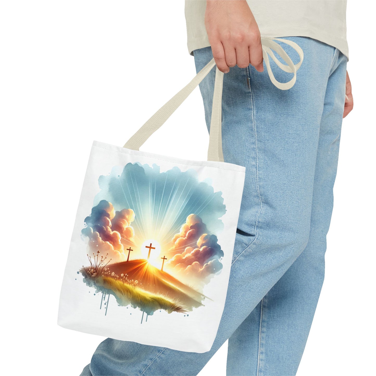 Religious Tote Bag – Three Crosses at Sunrise | Christian Easter Gift, Faith-Based Carryall, Inspirational Church Accessory