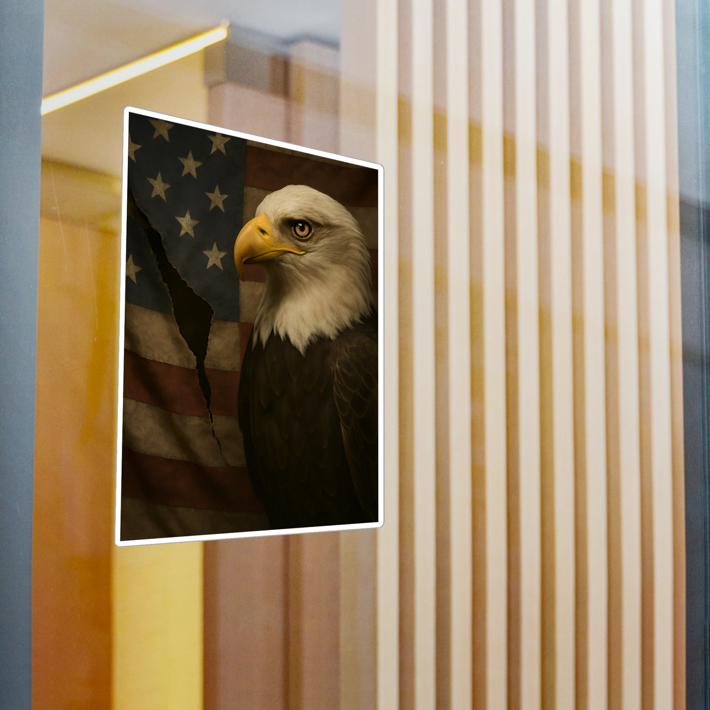 Patriotic Bald Eagle Vinyl Decal – Torn American Flag with Symbolic Eagle Eye Detail