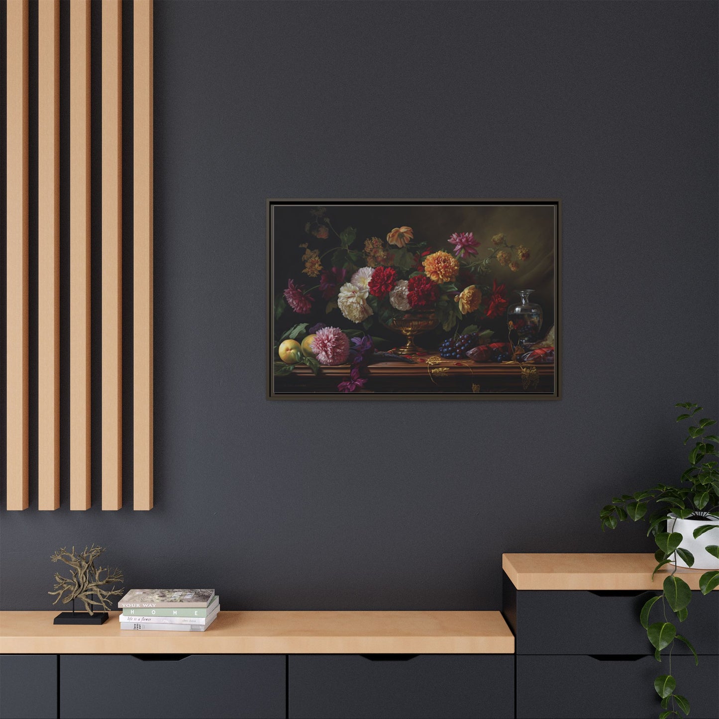 Framed Canvas Art, Classic Floral Still-Life Painting in Burgundy, Gold, Green. Timeless, Elegant Wall Decor. Fine Art Prints, Home Decor,