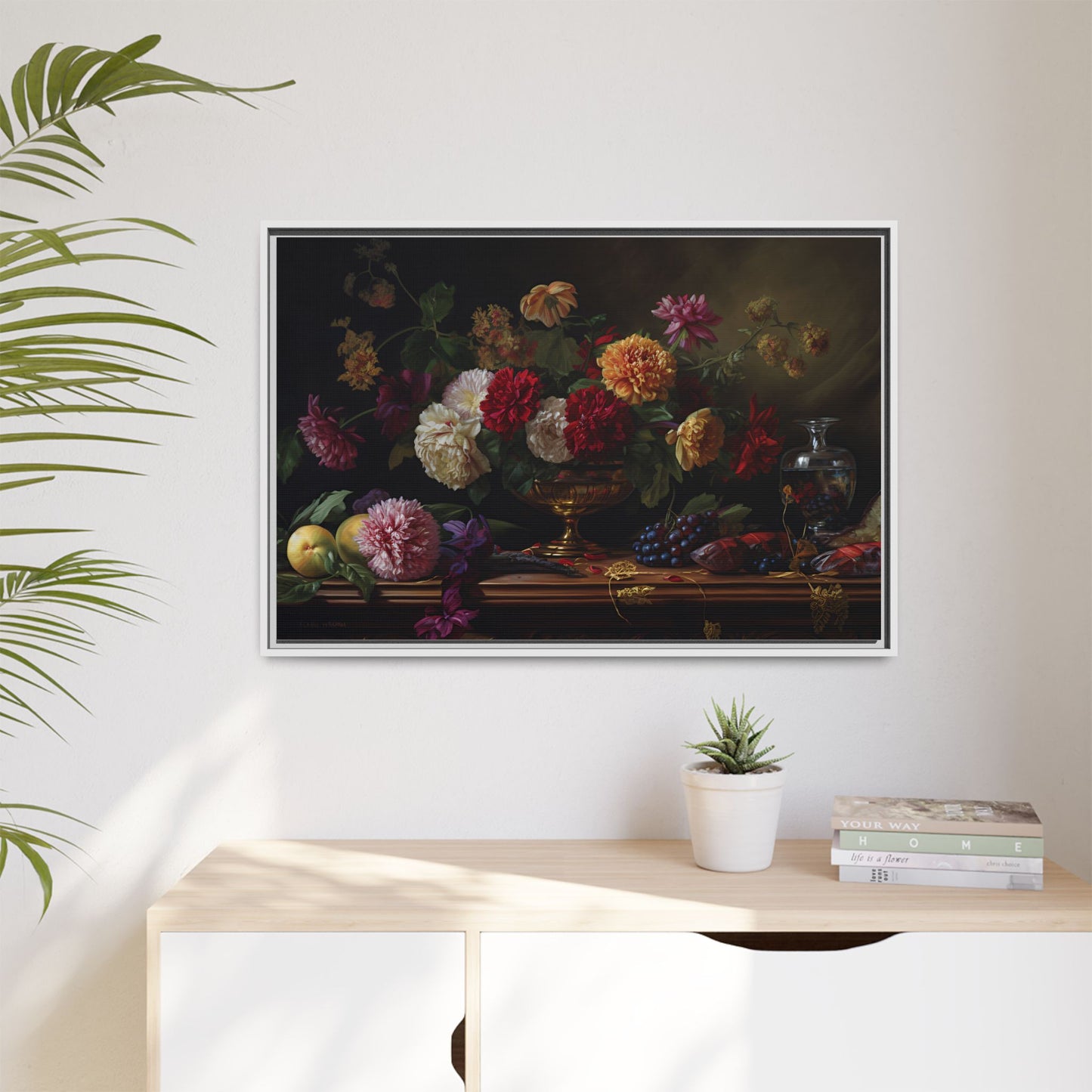 Framed Canvas Art, Classic Floral Still-Life Painting in Burgundy, Gold, Green. Timeless, Elegant Wall Decor. Fine Art Prints, Home Decor,