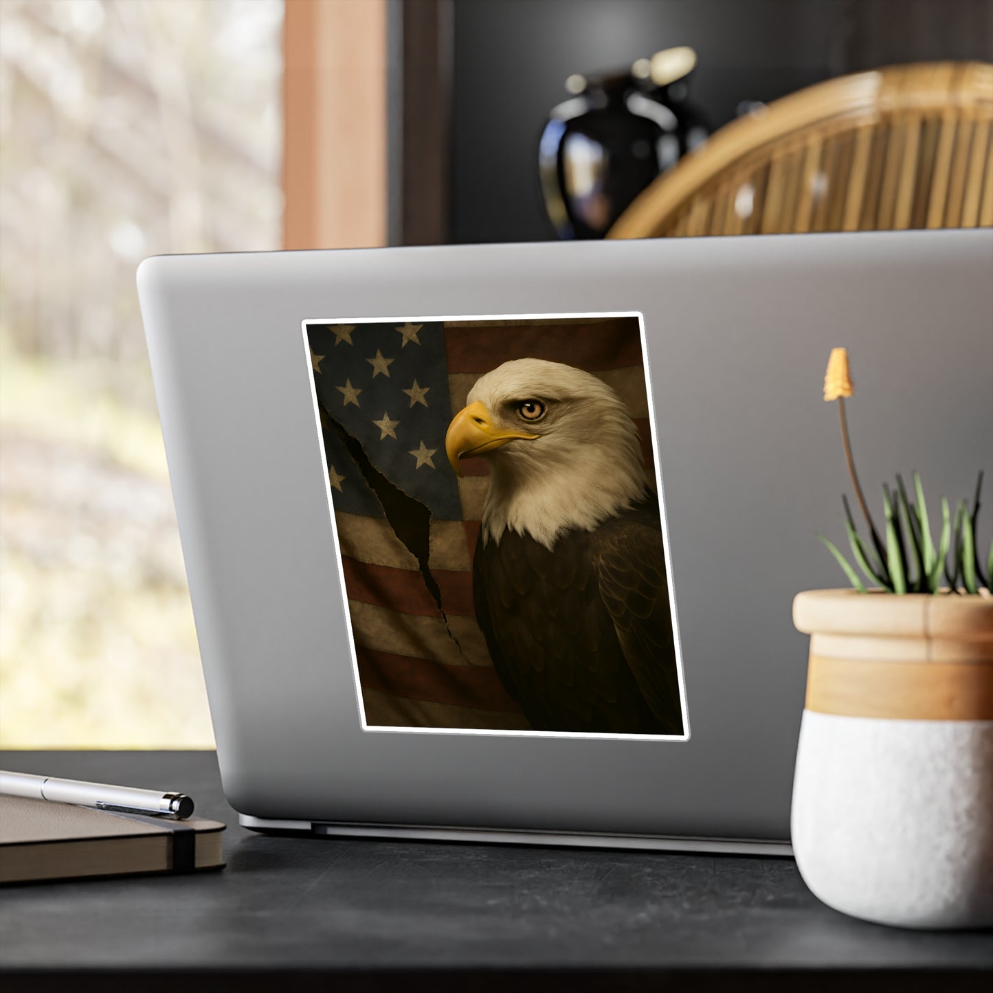 Patriotic Bald Eagle Vinyl Decal – Torn American Flag with Symbolic Eagle Eye Detail