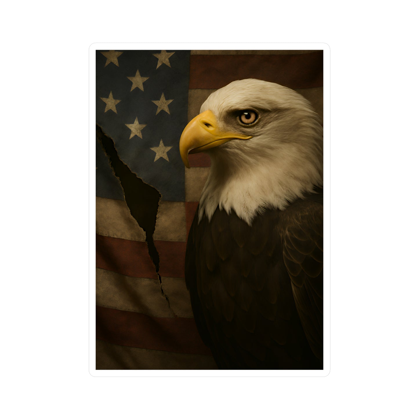 Patriotic Bald Eagle Vinyl Decal – Torn American Flag with Symbolic Eagle Eye Detail
