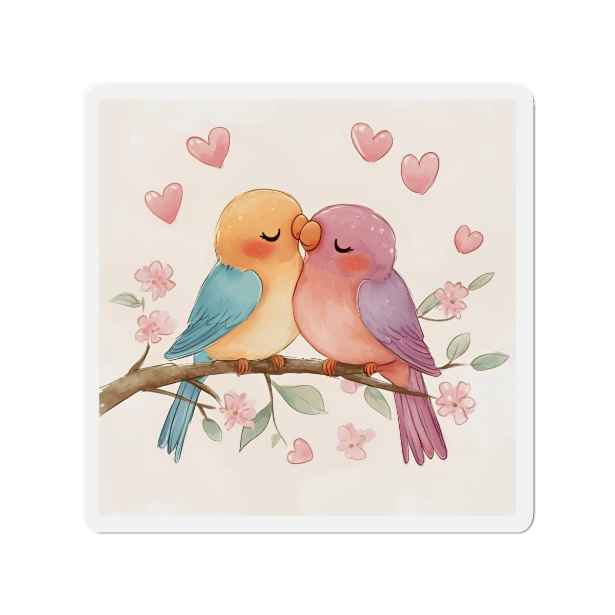 Lovebirds Die-Cut Magnet, Colorful Lovebirds Sitting on Flowering Branch, Outdoor Use, 6x6 and 5x5, Fridge Magnet, Cute Birds Magnet, Heart
