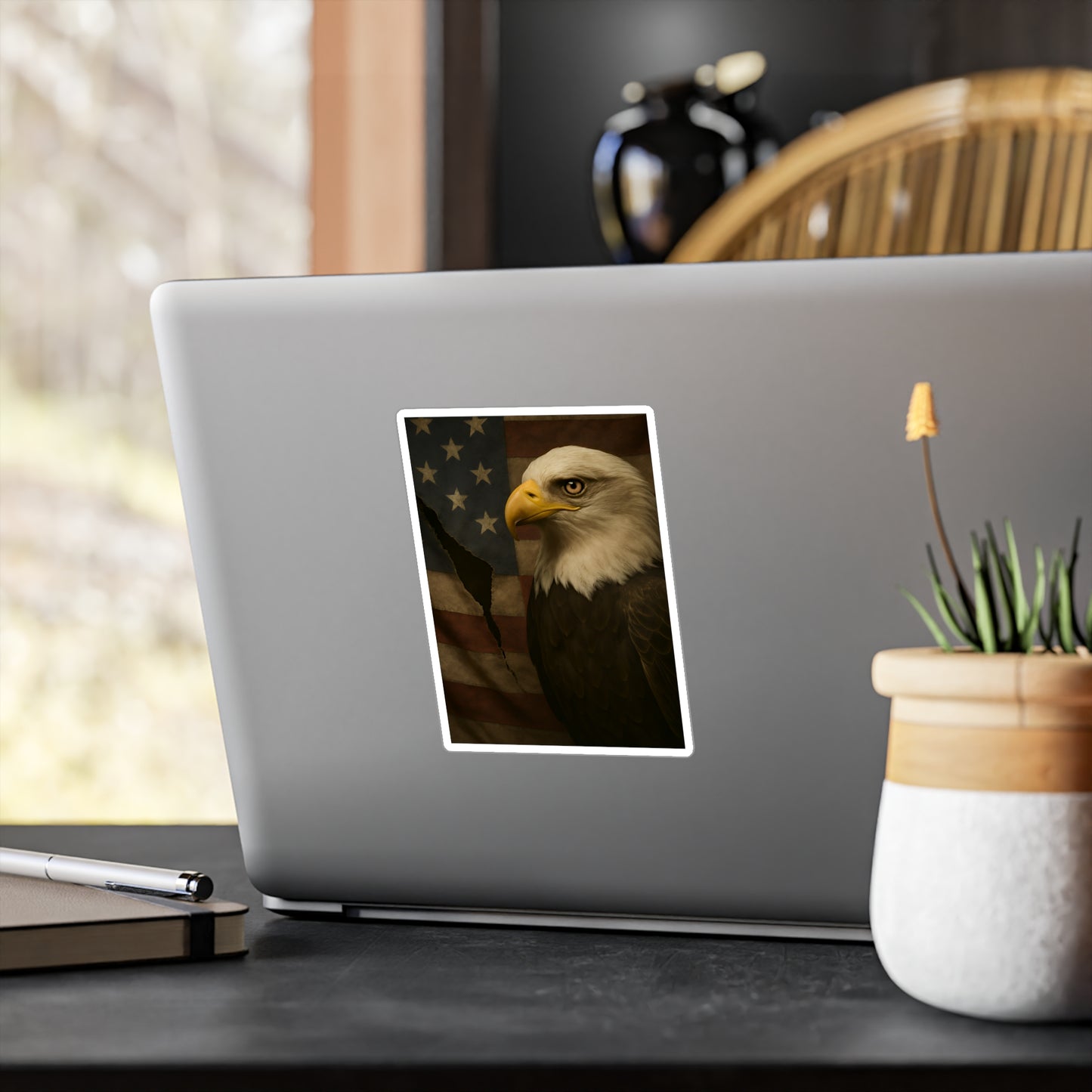 Patriotic Bald Eagle Vinyl Decal – Torn American Flag with Symbolic Eagle Eye Detail