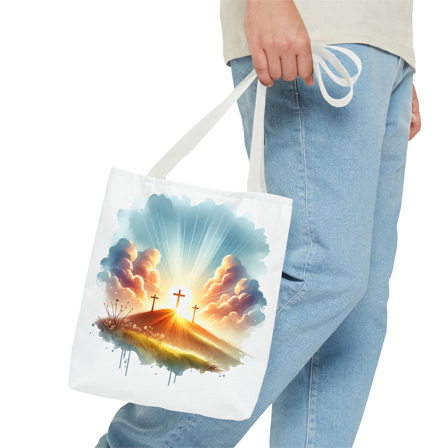 Religious Tote Bag – Three Crosses at Sunrise | Christian Easter Gift, Faith-Based Carryall, Inspirational Church Accessory