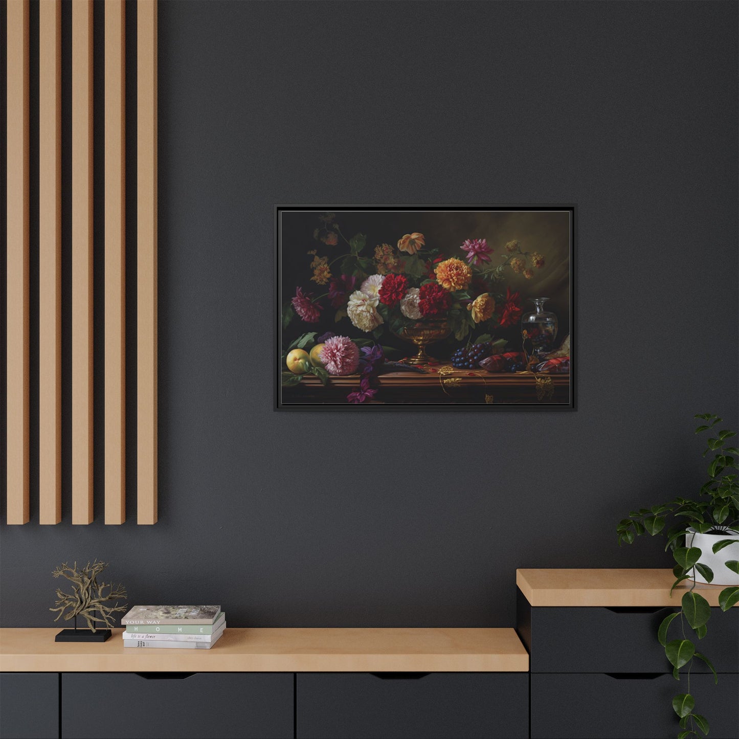 Framed Canvas Art, Classic Floral Still-Life Painting in Burgundy, Gold, Green. Timeless, Elegant Wall Decor. Fine Art Prints, Home Decor,