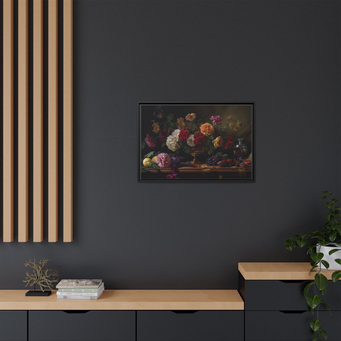 Framed Canvas Art, Classic Floral Still-Life Painting in Burgundy, Gold, Green. Timeless, Elegant Wall Decor. Fine Art Prints, Home Decor,