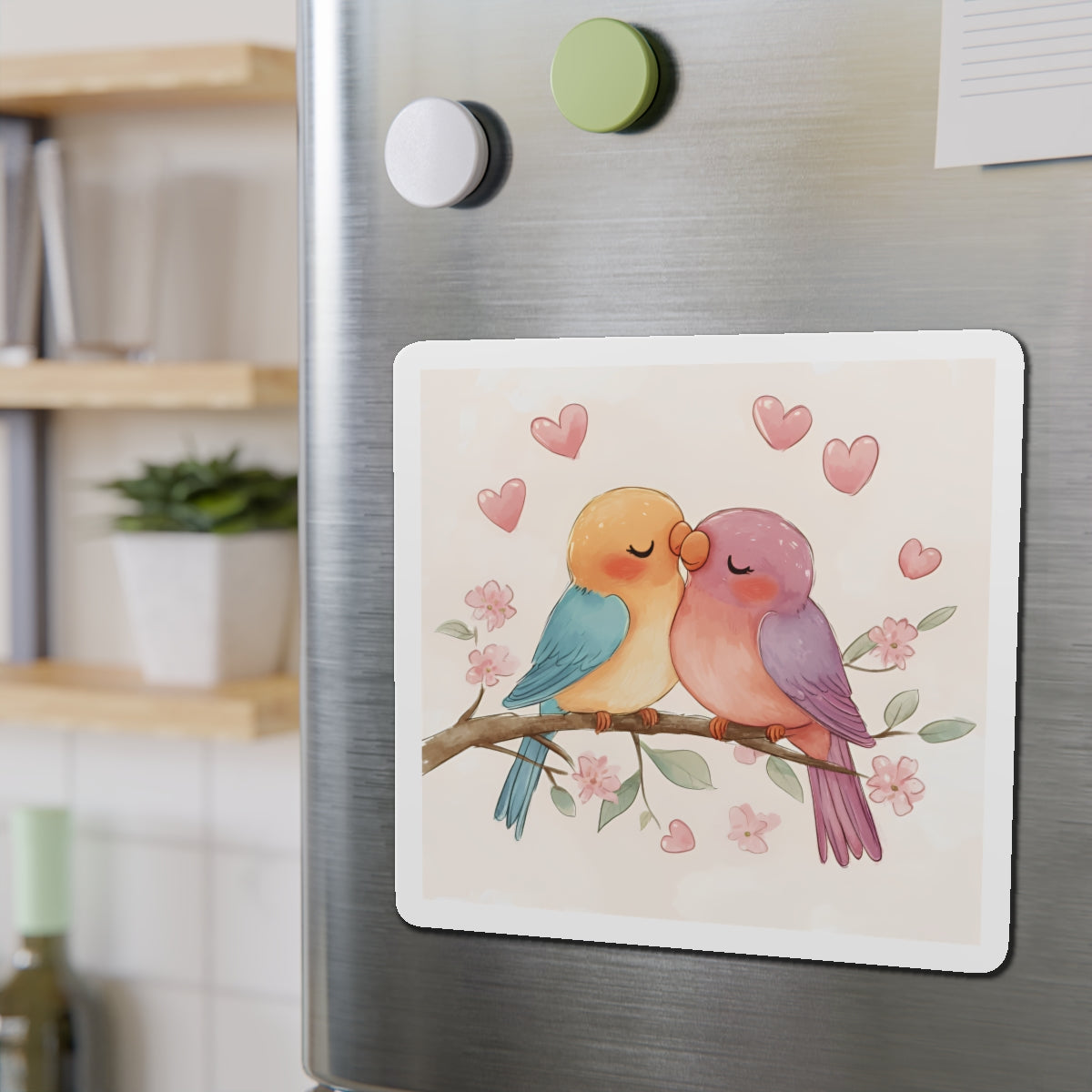 Lovebirds Die-Cut Magnet, Colorful Lovebirds Sitting on Flowering Branch, Outdoor Use, 6x6 and 5x5, Fridge Magnet, Cute Birds Magnet, Heart
