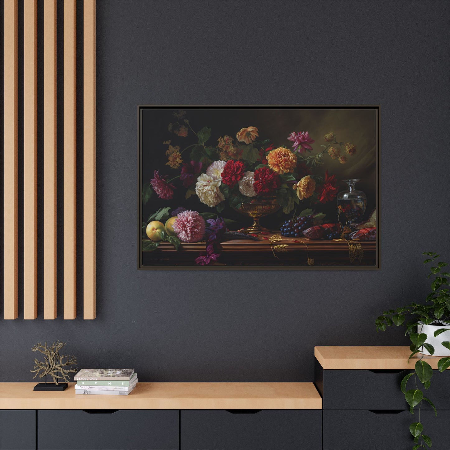 Framed Canvas Art, Classic Floral Still-Life Painting in Burgundy, Gold, Green. Timeless, Elegant Wall Decor. Fine Art Prints, Home Decor,