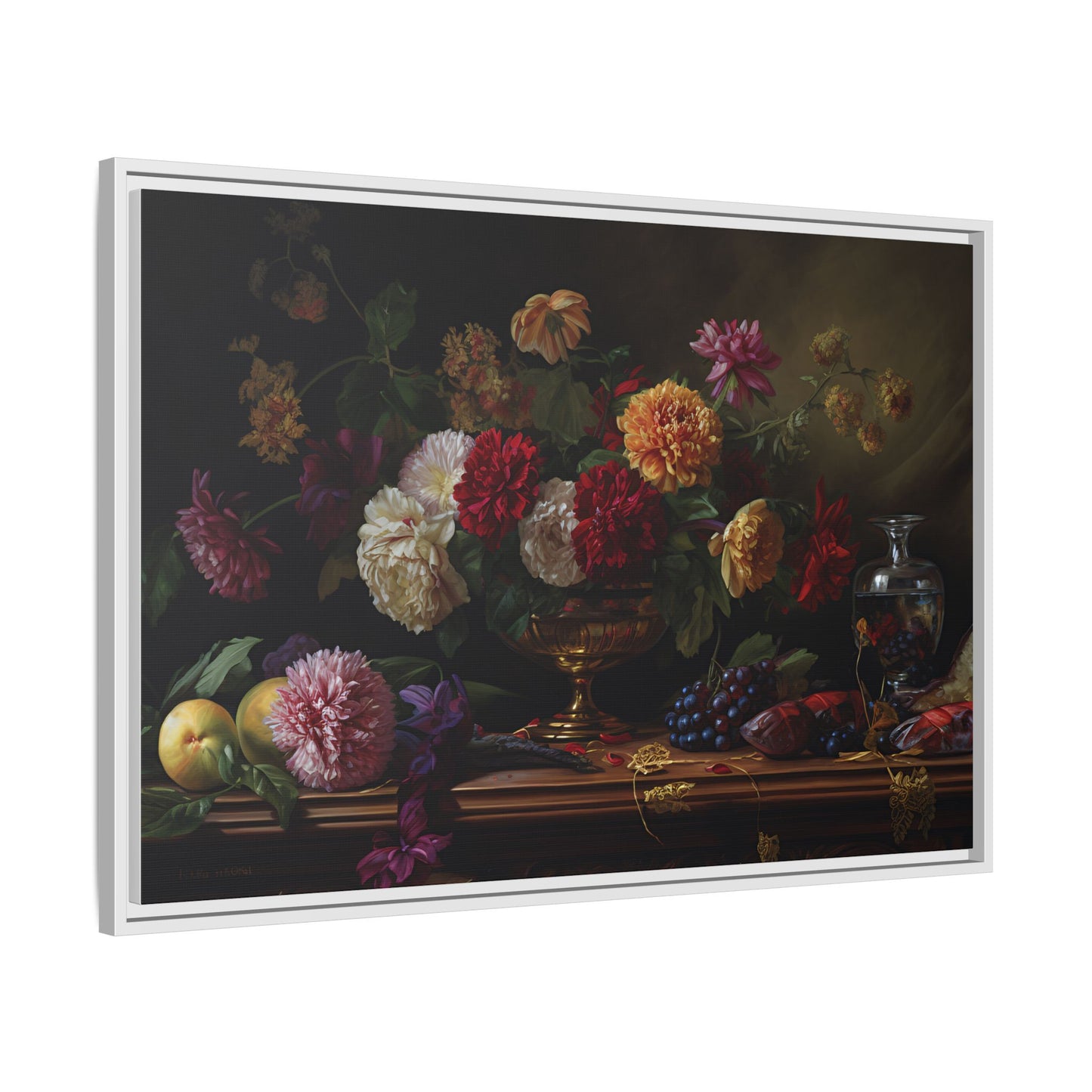 Framed Canvas Art, Classic Floral Still-Life Painting in Burgundy, Gold, Green. Timeless, Elegant Wall Decor. Fine Art Prints, Home Decor,