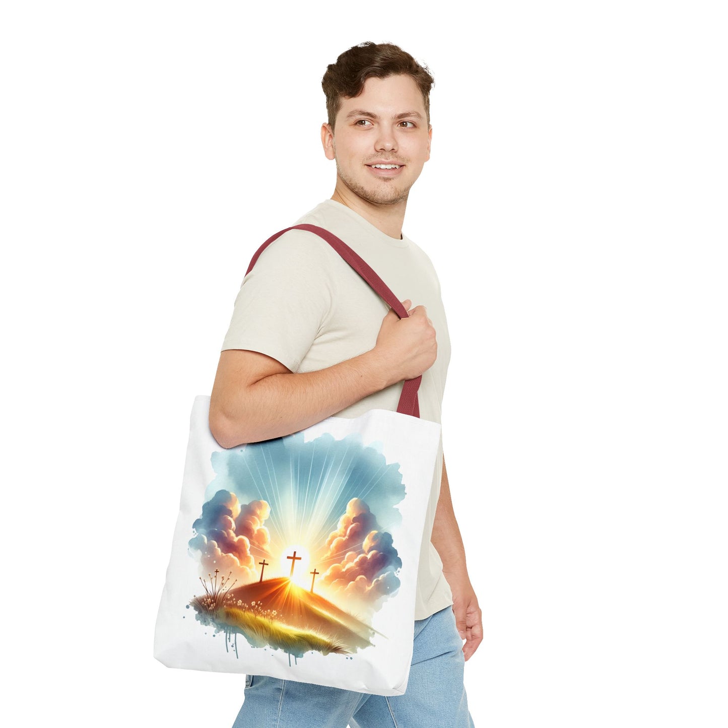 Religious Tote Bag – Three Crosses at Sunrise | Christian Easter Gift, Faith-Based Carryall, Inspirational Church Accessory