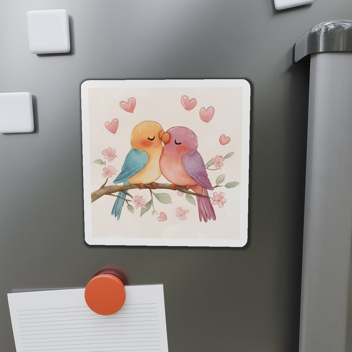 Lovebirds Die-Cut Magnet, Colorful Lovebirds Sitting on Flowering Branch, Outdoor Use, 6x6 and 5x5, Fridge Magnet, Cute Birds Magnet, Heart