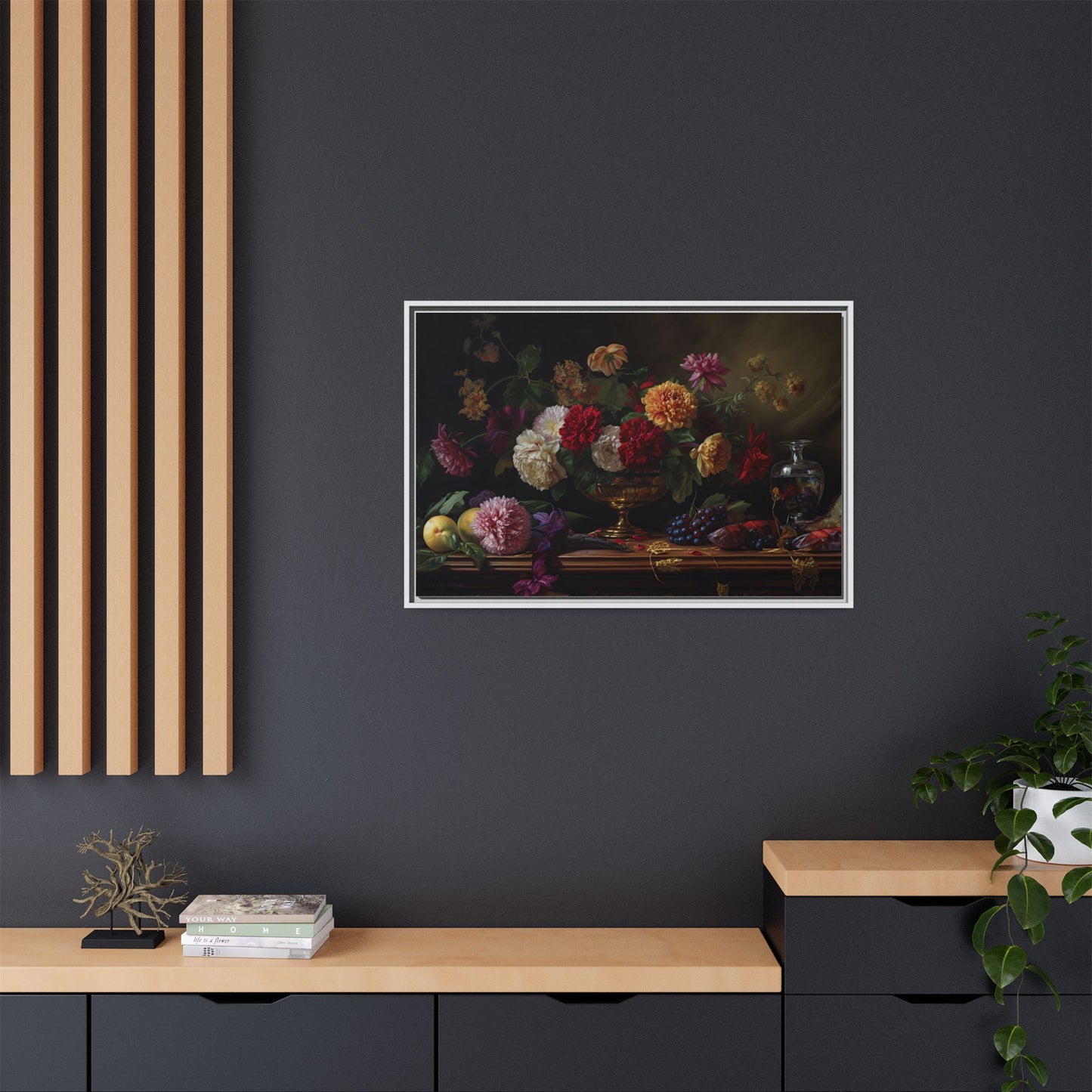 Framed Canvas Art, Classic Floral Still-Life Painting in Burgundy, Gold, Green. Timeless, Elegant Wall Decor. Fine Art Prints, Home Decor,