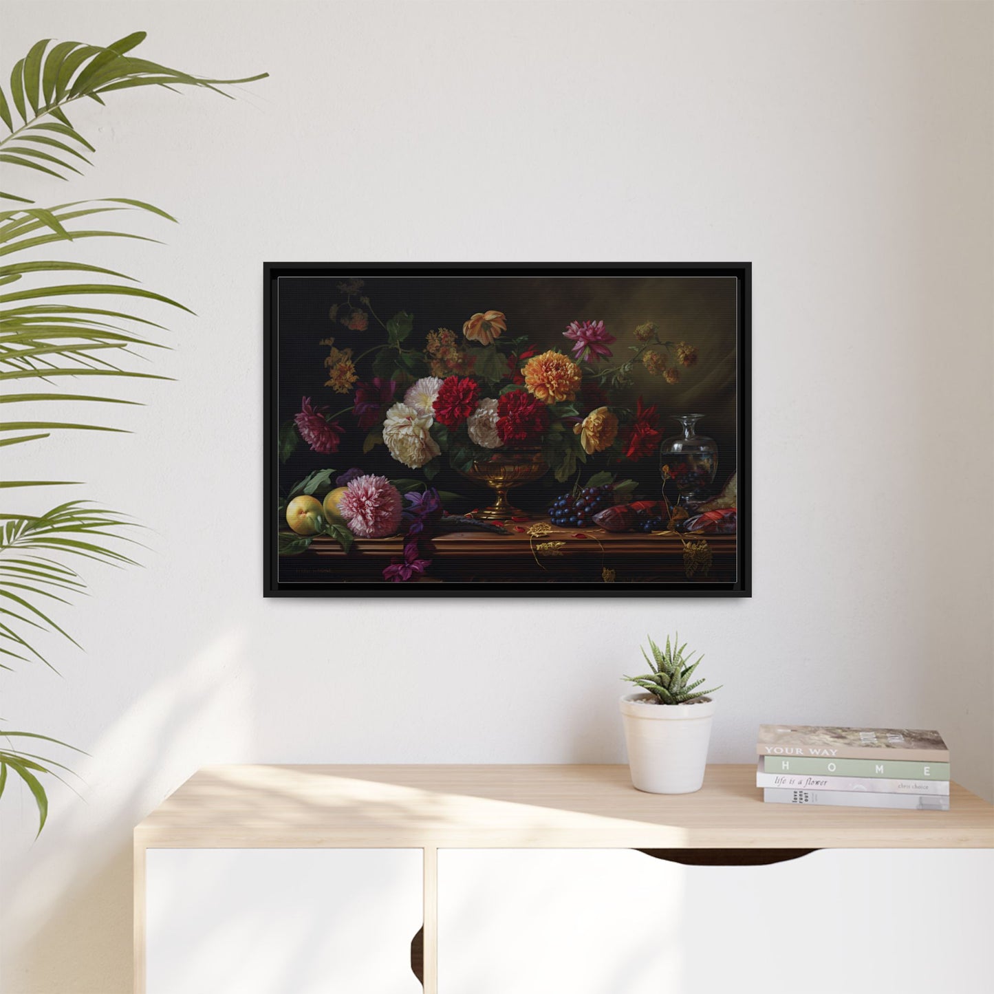 Framed Canvas Art, Classic Floral Still-Life Painting in Burgundy, Gold, Green. Timeless, Elegant Wall Decor. Fine Art Prints, Home Decor,
