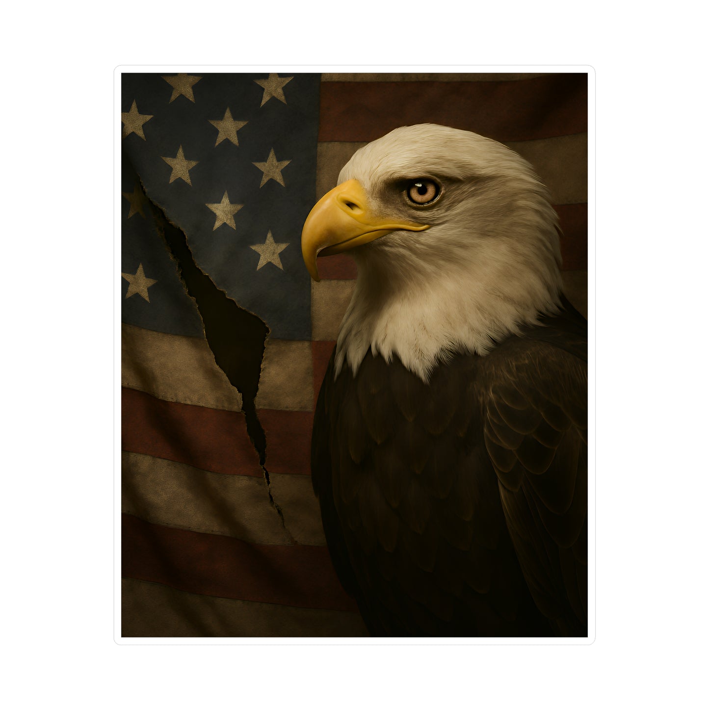 Patriotic Bald Eagle Vinyl Decal – Torn American Flag with Symbolic Eagle Eye Detail