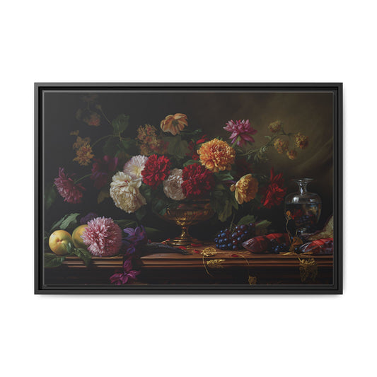 Framed Canvas Art, Classic Floral Still-Life Painting in Burgundy, Gold, Green. Timeless, Elegant Wall Decor. Fine Art Prints, Home Decor,