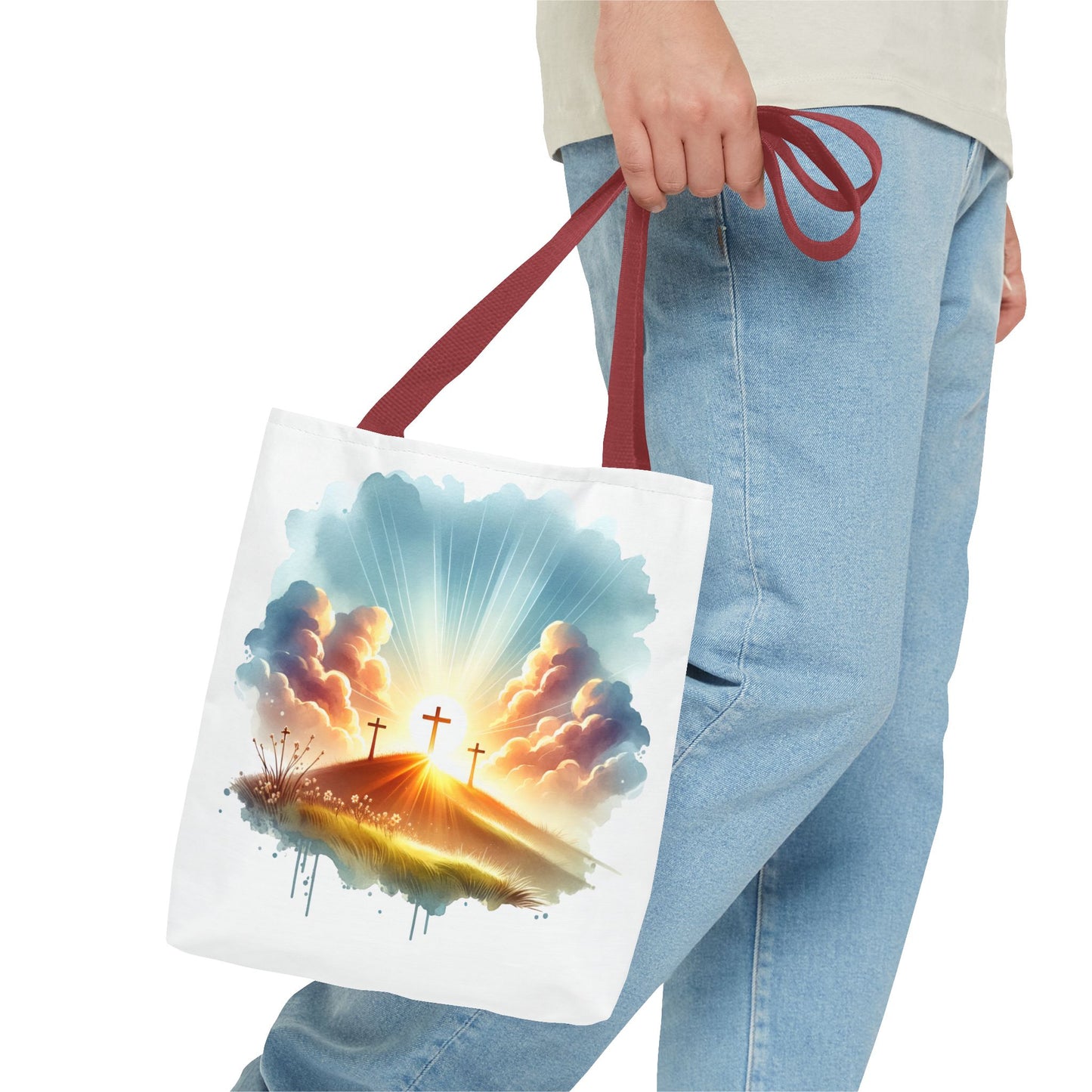 Religious Tote Bag – Three Crosses at Sunrise | Christian Easter Gift, Faith-Based Carryall, Inspirational Church Accessory