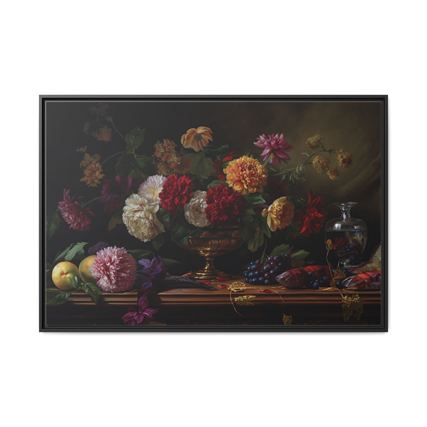 Framed Canvas Art, Classic Floral Still-Life Painting in Burgundy, Gold, Green. Timeless, Elegant Wall Decor. Fine Art Prints, Home Decor,