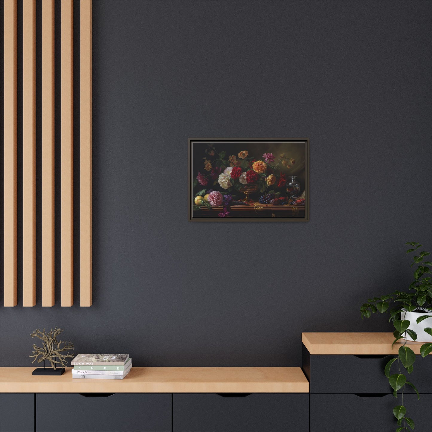 Framed Canvas Art, Classic Floral Still-Life Painting in Burgundy, Gold, Green. Timeless, Elegant Wall Decor. Fine Art Prints, Home Decor,