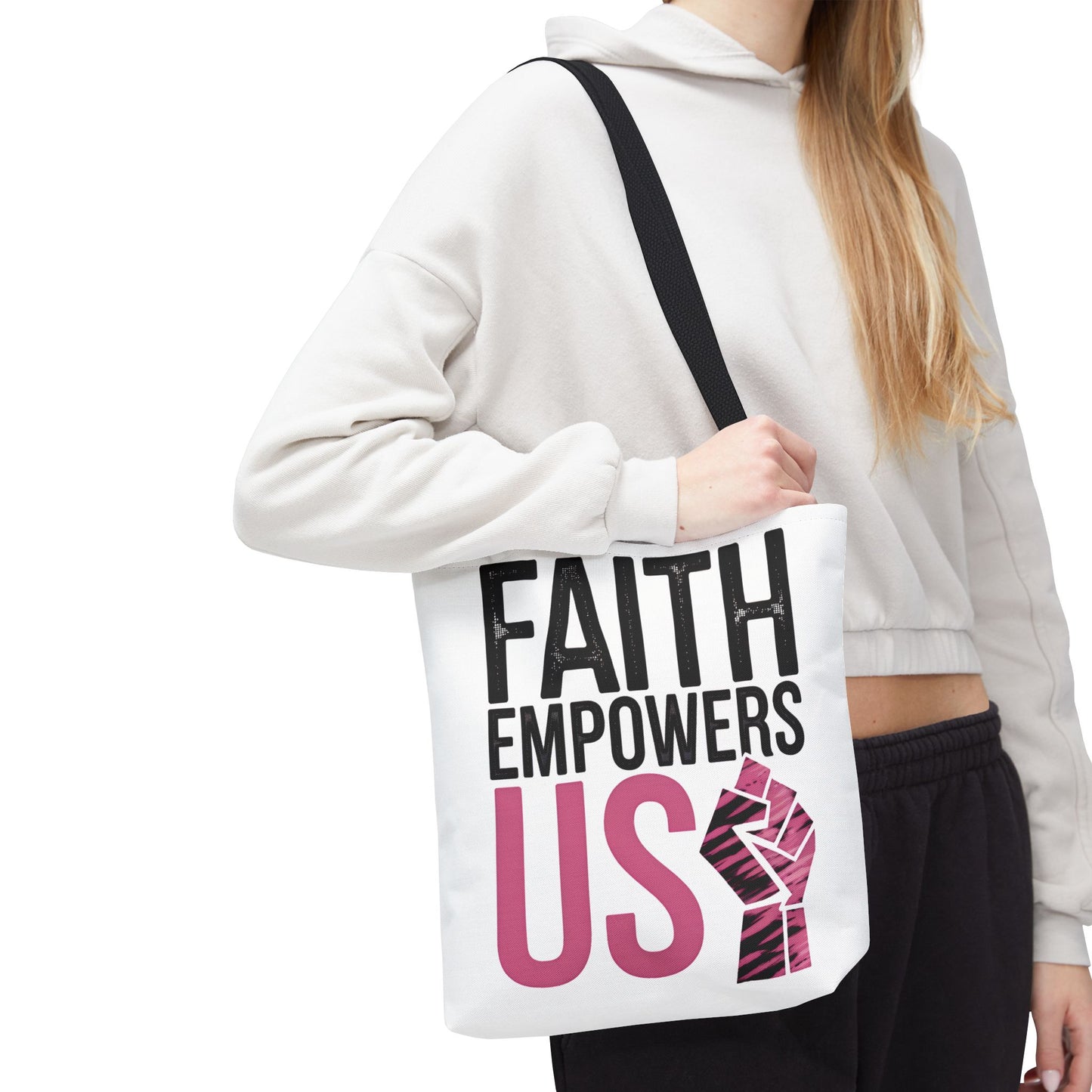 FAITH EMPOWERS US – Empowerment Tote Bag | Bold Christian Statement Bag | Feminine Faith Gift