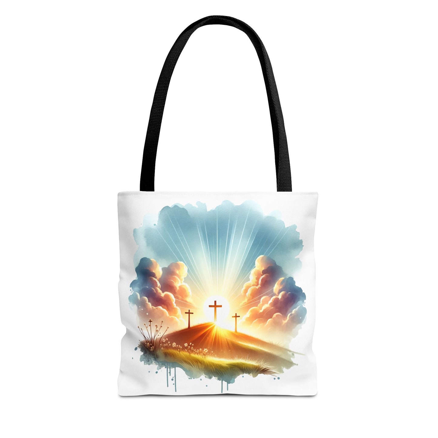 Religious Tote Bag – Three Crosses at Sunrise | Christian Easter Gift, Faith-Based Carryall, Inspirational Church Accessory