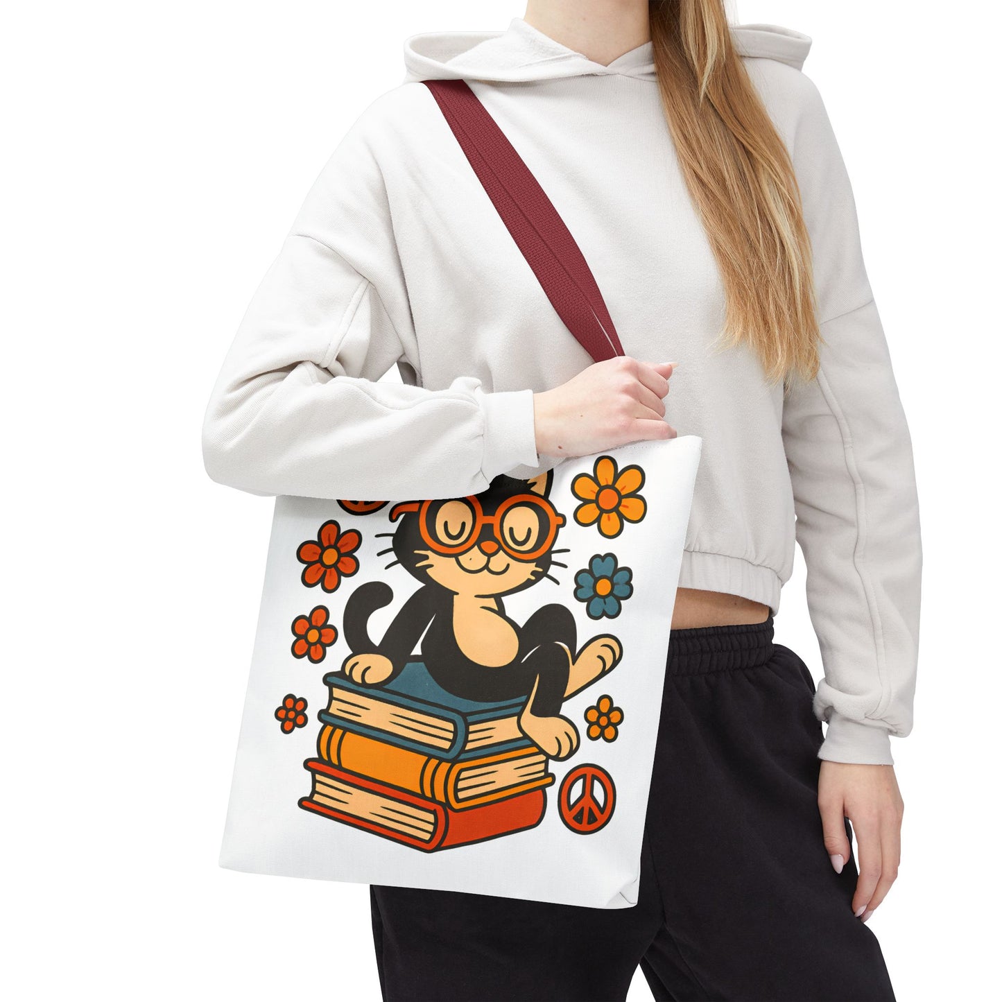 Charming Cat Tote Bag – Cute Pet Lover Gift, Floral Bookish Design, Eco-Friendly Everyday Carry