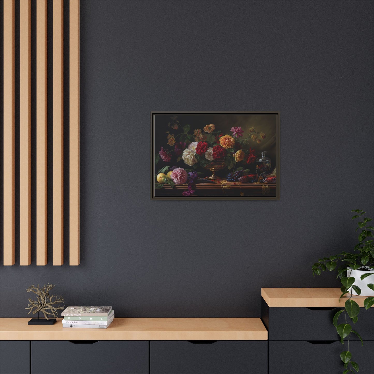 Framed Canvas Art, Classic Floral Still-Life Painting in Burgundy, Gold, Green. Timeless, Elegant Wall Decor. Fine Art Prints, Home Decor,