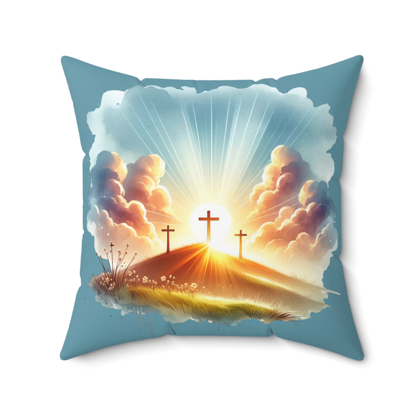 Three Crosses Sunrise Throw Pillow – Christian Home Decor & Easter Gift