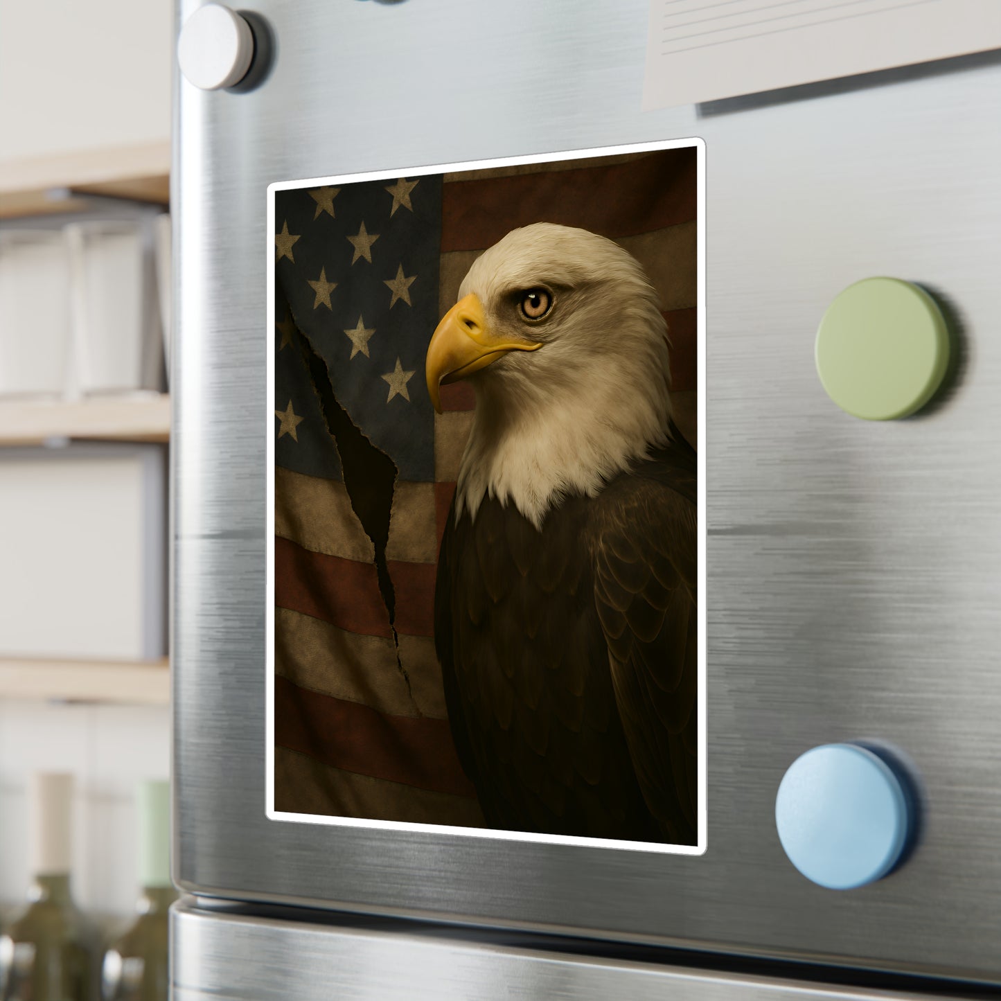 Patriotic Bald Eagle Vinyl Decal – Torn American Flag with Symbolic Eagle Eye Detail