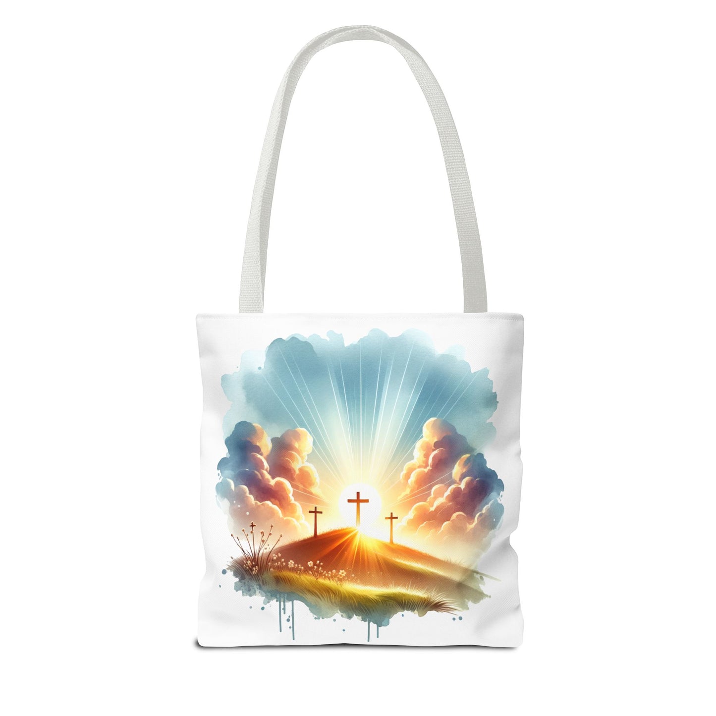 Religious Tote Bag – Three Crosses at Sunrise | Christian Easter Gift, Faith-Based Carryall, Inspirational Church Accessory