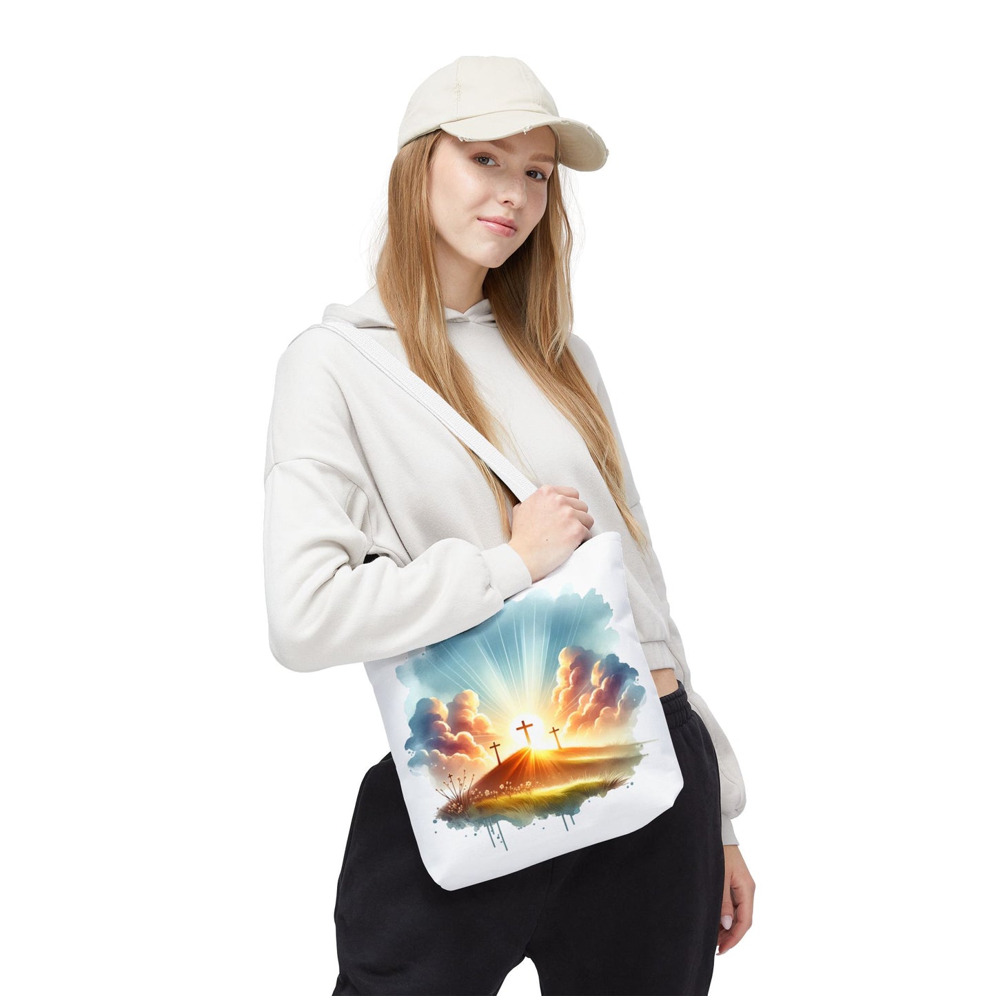 Religious Tote Bag – Three Crosses at Sunrise | Christian Easter Gift, Faith-Based Carryall, Inspirational Church Accessory