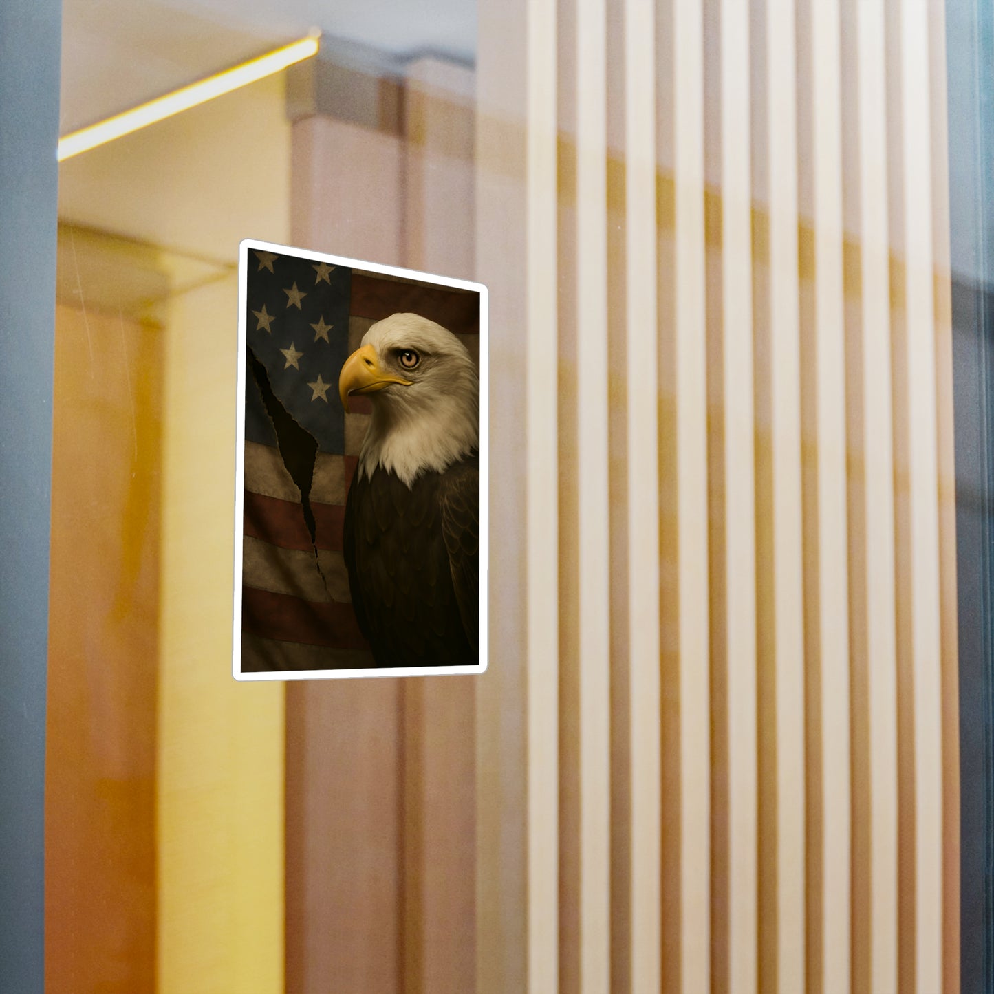 Patriotic Bald Eagle Vinyl Decal – Torn American Flag with Symbolic Eagle Eye Detail