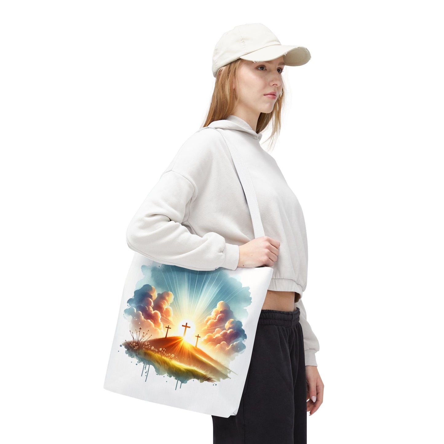 Religious Tote Bag – Three Crosses at Sunrise | Christian Easter Gift, Faith-Based Carryall, Inspirational Church Accessory