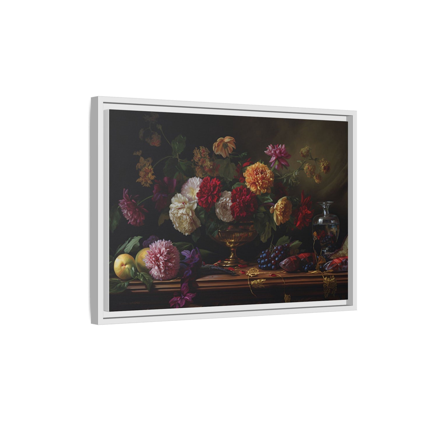 Framed Canvas Art, Classic Floral Still-Life Painting in Burgundy, Gold, Green. Timeless, Elegant Wall Decor. Fine Art Prints, Home Decor,